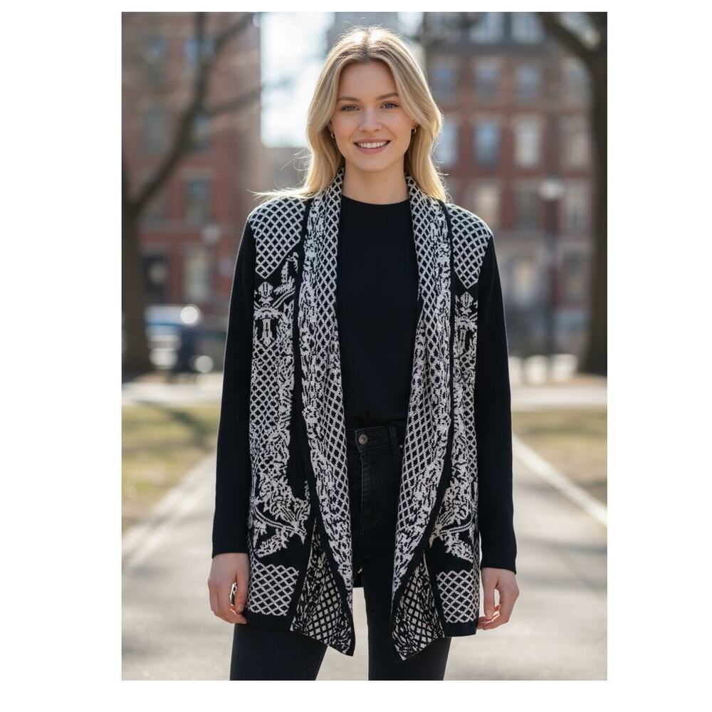 Vintage Outlander Exotic Open Cardigan Sweater Sz L Black White Office Lagenlook